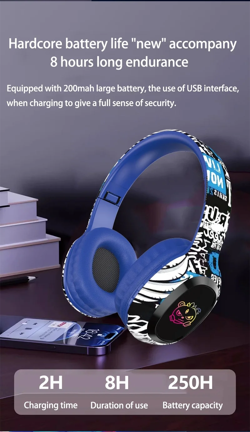Casque sans fil supra-auriculaire P95 RGB Graffiti, Bluetooth 5.3, haut-parleurs de 40 mm, 8 h d'autonomie