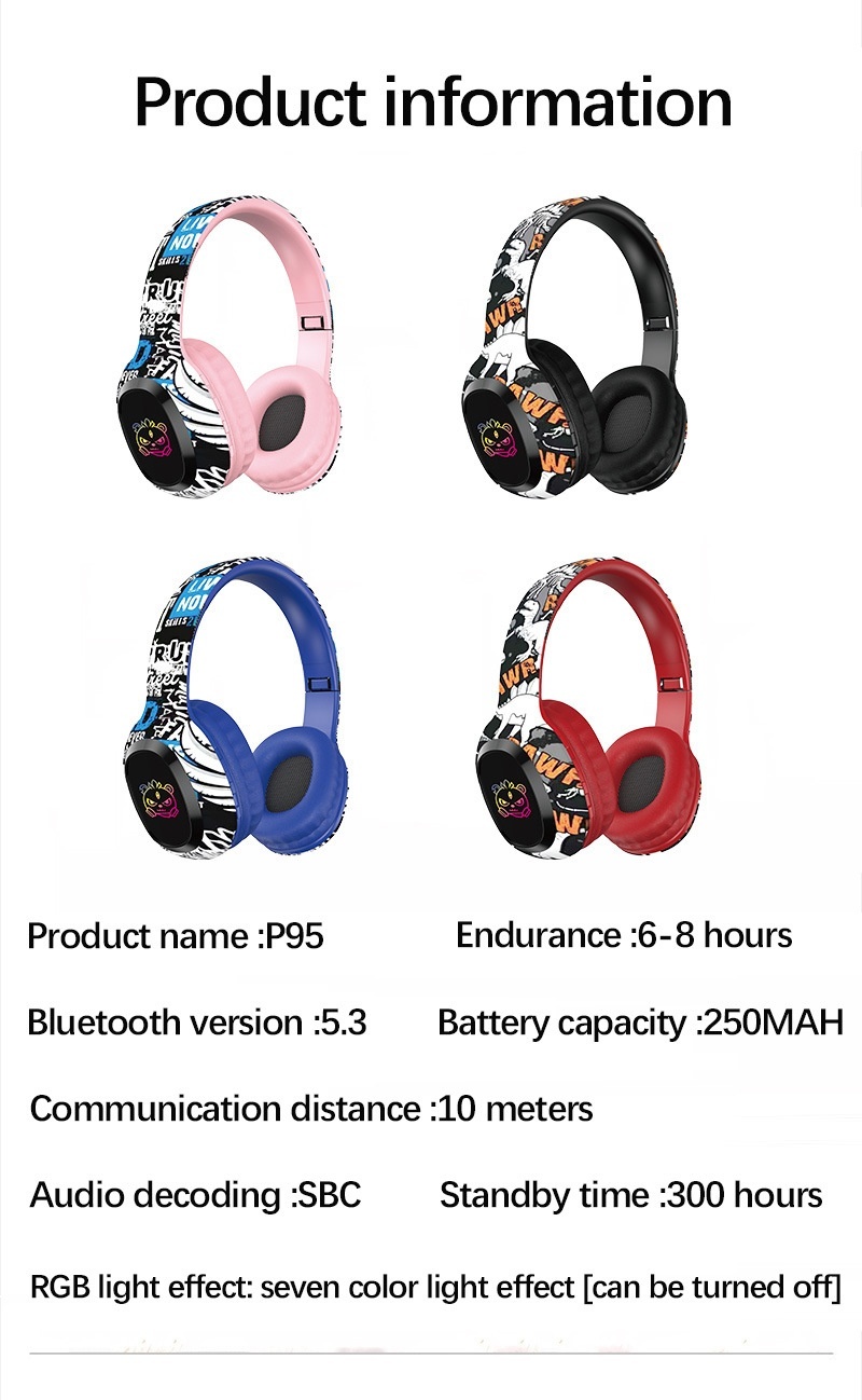 P95 RGB Graffiti Wireless Over-Ear Headphones, Bluetooth 5.3, 40mm Drivers, 8H Playtime
