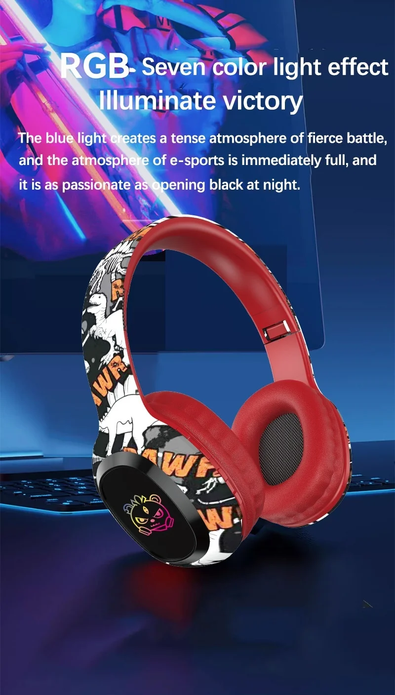 Casque sans fil supra-auriculaire P95 RGB Graffiti, Bluetooth 5.3, haut-parleurs de 40 mm, 8 h d'autonomie