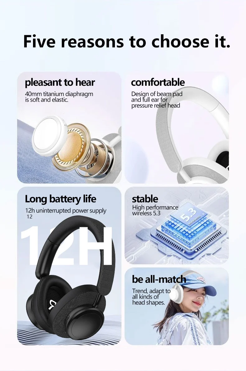 Casque sans fil supra-auriculaire P8560 avec haut-parleurs en titane, Bluetooth 5.3, 12 h d'autonomie, coussinets en mousse à mémoire de forme
