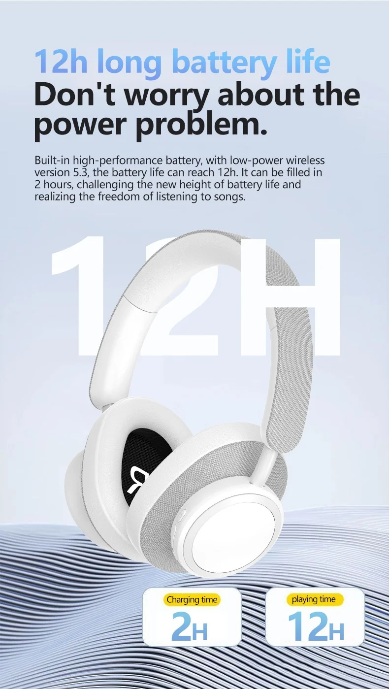 Casque sans fil supra-auriculaire P8560 avec haut-parleurs en titane, Bluetooth 5.3, 12 h d'autonomie, coussinets en mousse à mémoire de forme