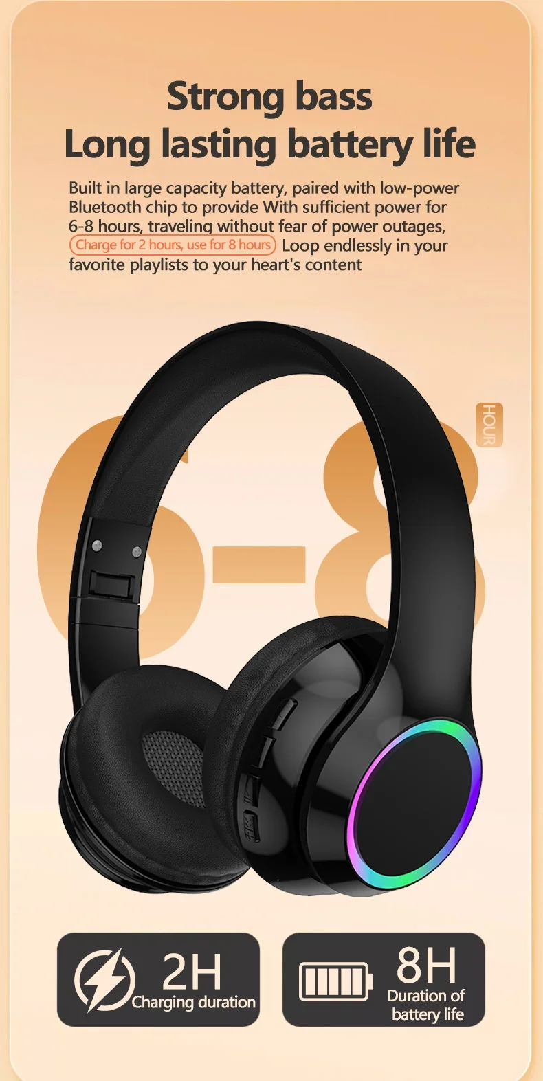 Casque sans fil supra-auriculaire P102 avec éclairage RGB, Bluetooth 5.3, haut-parleurs de 40 mm, faible latence