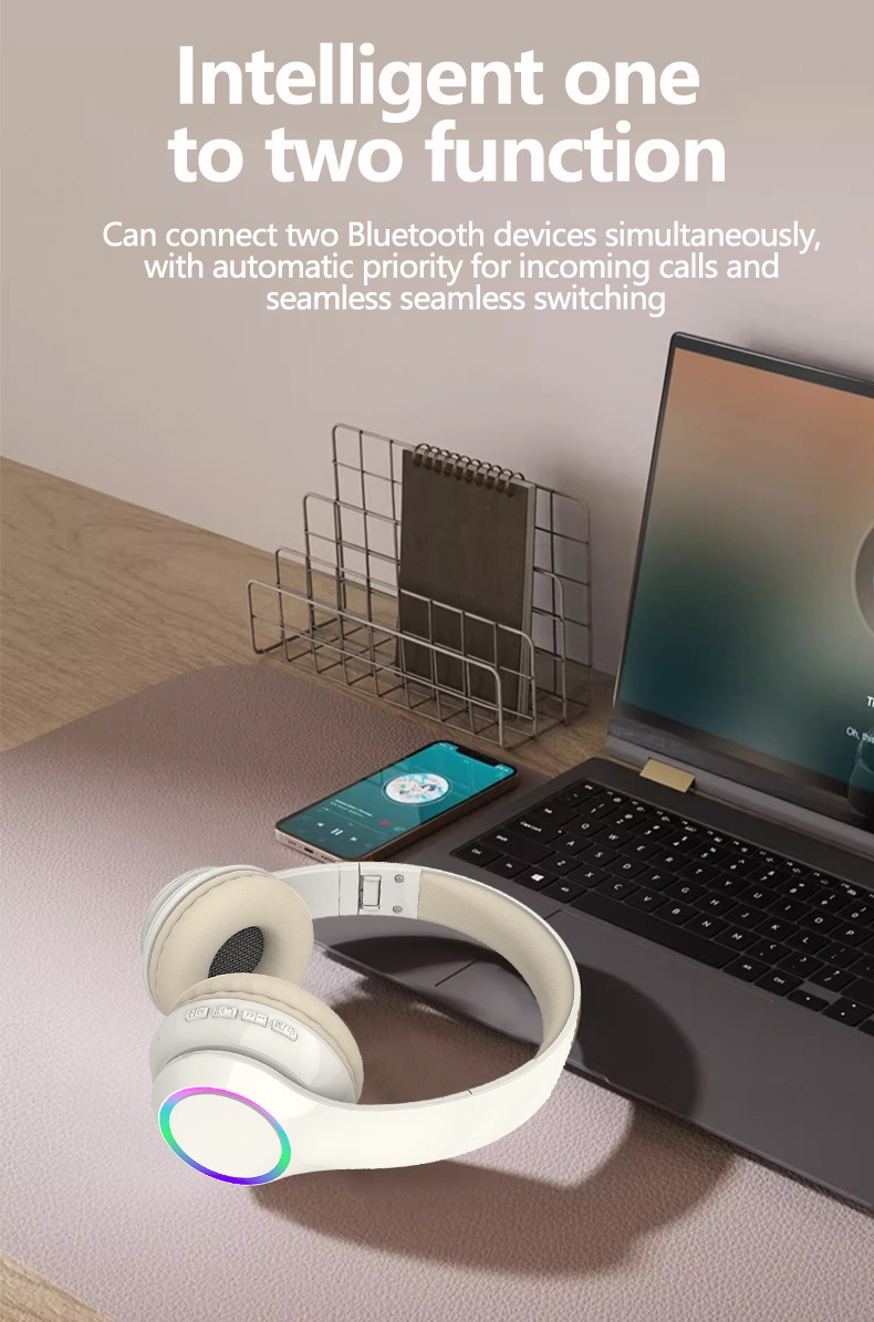 P102 RGB Light Wireless Over-Ear Headphones, Bluetooth 5.3, 40mm Drivers, Low Latency