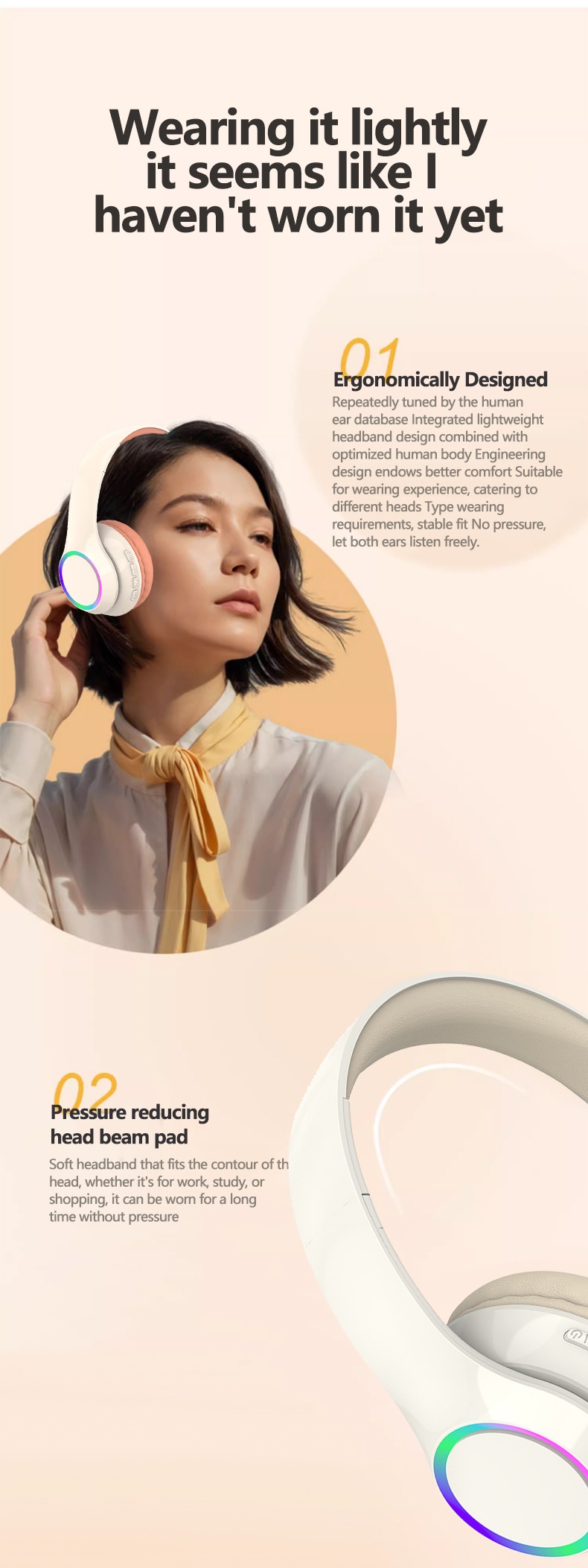 P102 RGB Light Wireless Over-Ear Headphones, Bluetooth 5.3, 40mm Drivers, Low Latency