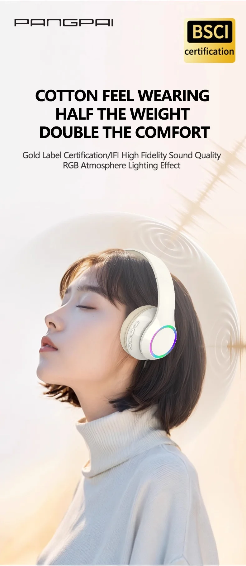Casque sans fil supra-auriculaire P102 avec éclairage RGB, Bluetooth 5.3, haut-parleurs de 40 mm, faible latence