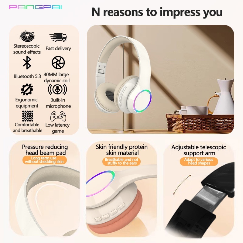 P102 RGB Light Wireless Over-Ear Headphones, Bluetooth 5.3, 40mm Drivers, Low Latency