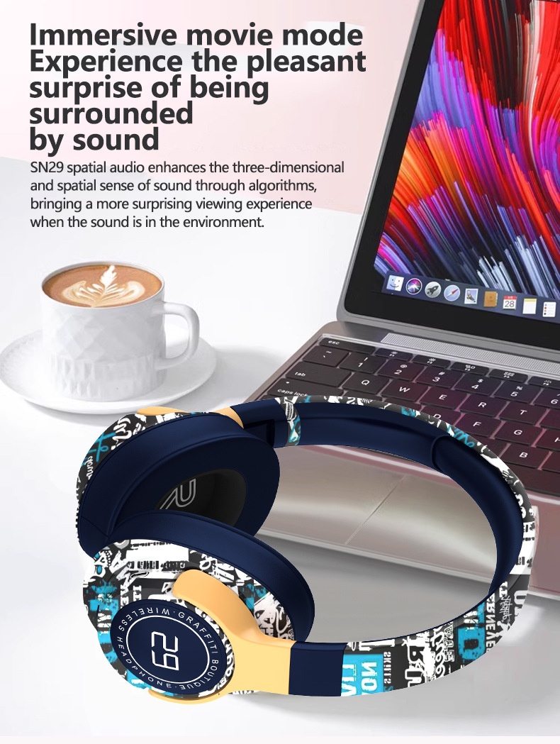 SN29 Graffiti Wireless Over-Ear Headphones, Bluetooth 5.1, 40mm Drivers, 12H Playtime