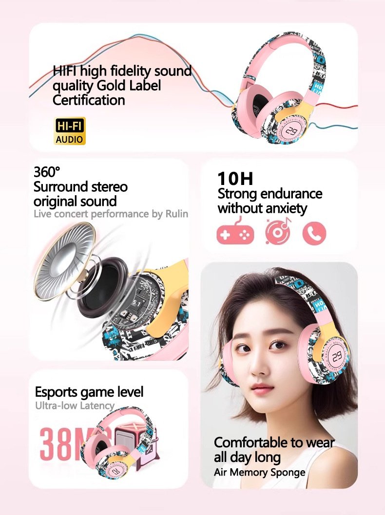 Casque sans fil supra-auriculaire SN29 Graffiti, Bluetooth 5.1, haut-parleurs de 40 mm, autonomie de 12 h