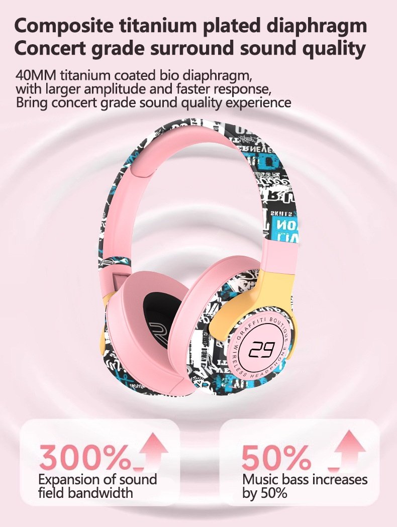Casque sans fil supra-auriculaire SN29 Graffiti, Bluetooth 5.1, haut-parleurs de 40 mm, autonomie de 12 h