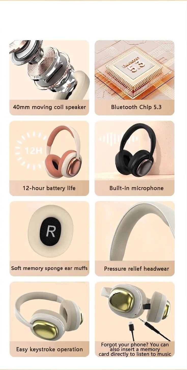 Casque stéréo sans fil supra-auriculaire P7236PRO, Bluetooth 5.3, haut-parleurs de 40 mm, autonomie de 12 h