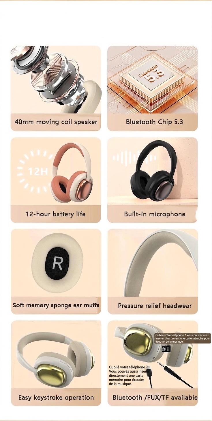 Casque stéréo sans fil supra-auriculaire P7236PRO, Bluetooth 5.3, haut-parleurs de 40 mm, autonomie de 12 h