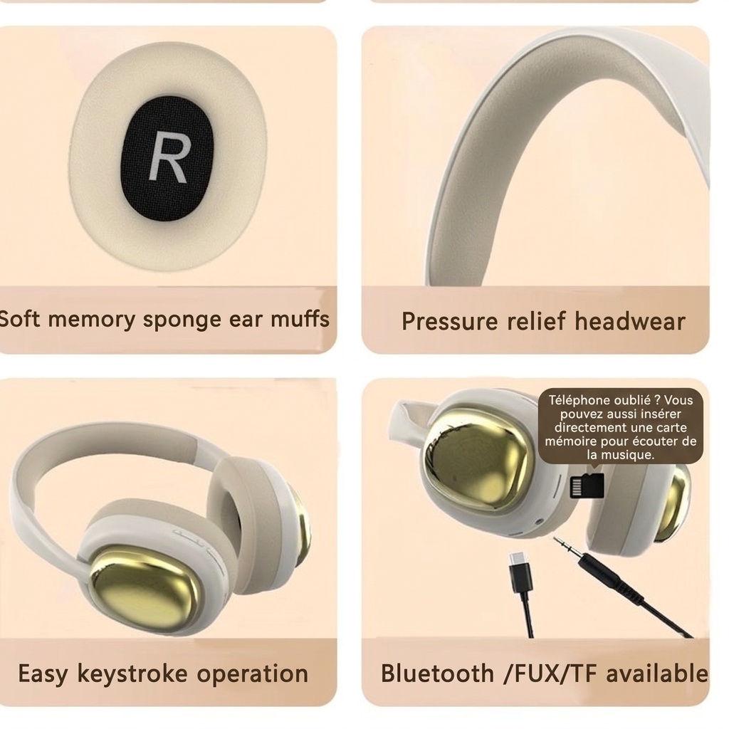 Casque stéréo sans fil supra-auriculaire P7236PRO, Bluetooth 5.3, haut-parleurs de 40 mm, autonomie de 12 h