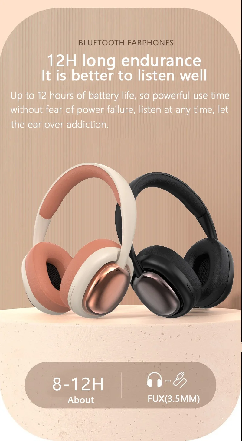 Casque stéréo sans fil supra-auriculaire P7236PRO, Bluetooth 5.3, haut-parleurs de 40 mm, autonomie de 12 h