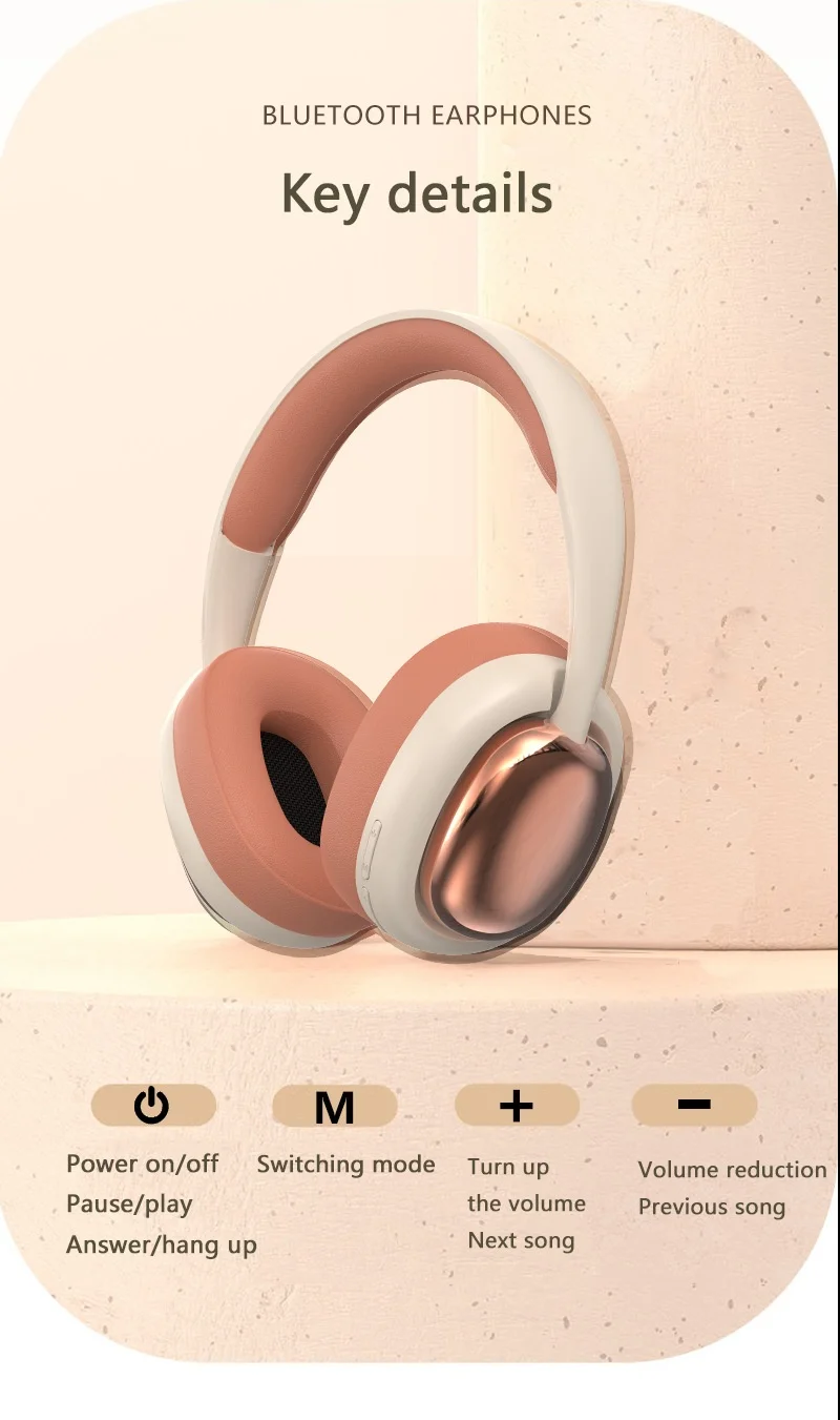 Casque stéréo sans fil supra-auriculaire P7236PRO, Bluetooth 5.3, haut-parleurs de 40 mm, autonomie de 12 h