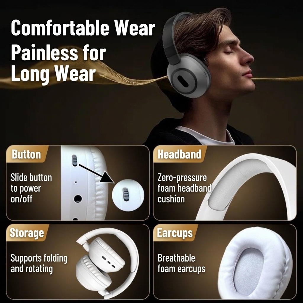 Foldable Wireless Over-Ear Headphones, Bluetooth 5.4, 40mm Drivers, 100H Standby, Memory Foam