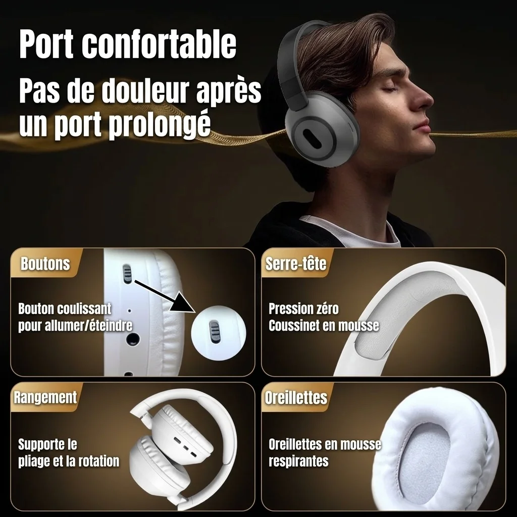 Casque audio sans fil pliable supra-auriculaire, Bluetooth 5.4, haut-parleurs de 40 mm, 100 h d'autonomie en veille, coussinets en mousse à mémoire de forme