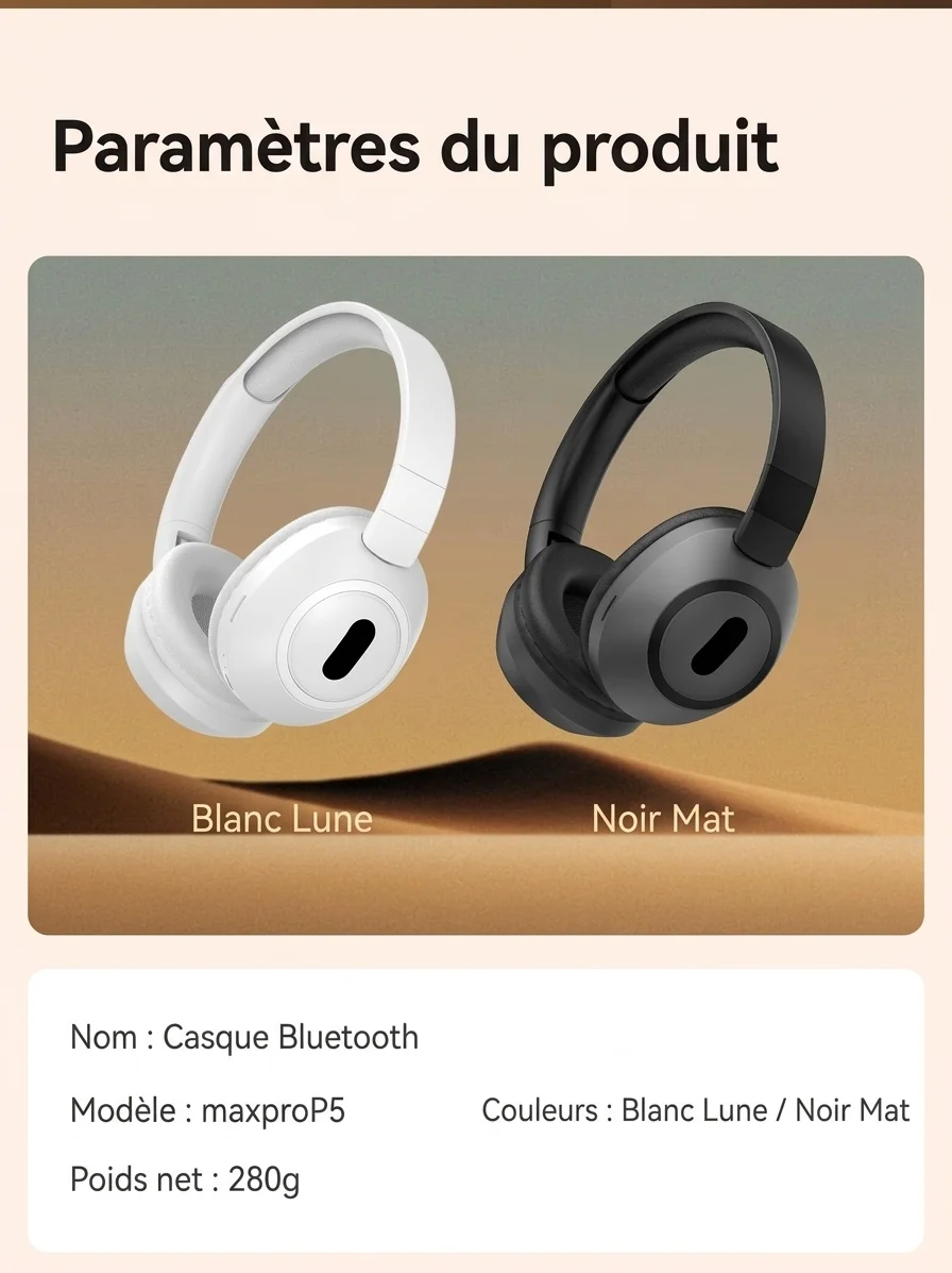 Casque audio sans fil pliable supra-auriculaire, Bluetooth 5.4, haut-parleurs de 40 mm, 100 h d'autonomie en veille, coussinets en mousse à mémoire de forme