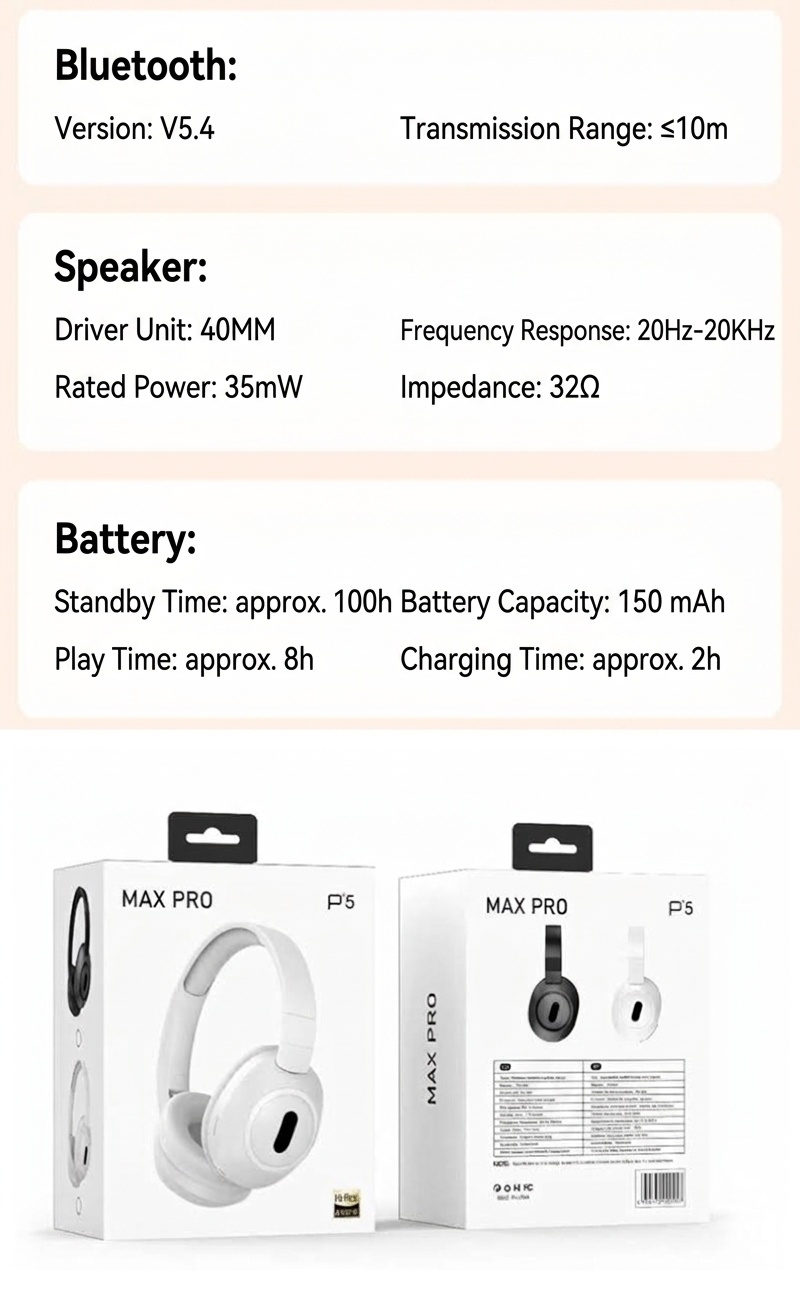 Foldable Wireless Over-Ear Headphones, Bluetooth 5.4, 40mm Drivers, 100H Standby, Memory Foam