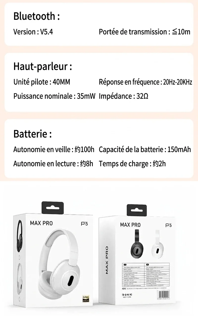 Casque audio sans fil pliable supra-auriculaire, Bluetooth 5.4, haut-parleurs de 40 mm, 100 h d'autonomie en veille, coussinets en mousse à mémoire de forme