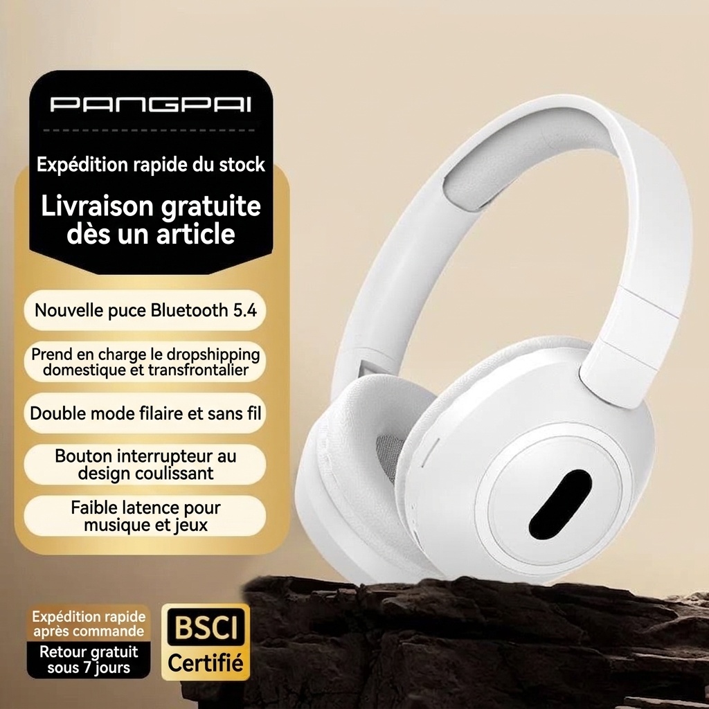 Casque audio sans fil pliable supra-auriculaire, Bluetooth 5.4, haut-parleurs de 40 mm, 100 h d'autonomie en veille, coussinets en mousse à mémoire de forme