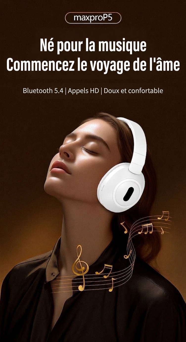 Casque audio sans fil pliable supra-auriculaire, Bluetooth 5.4, haut-parleurs de 40 mm, 100 h d'autonomie en veille, coussinets en mousse à mémoire de forme