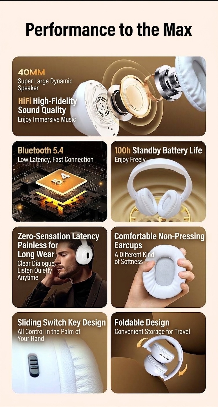 Foldable Wireless Over-Ear Headphones, Bluetooth 5.4, 40mm Drivers, 100H Standby, Memory Foam