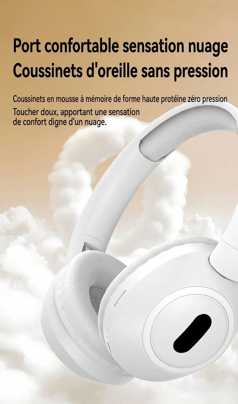 Casque audio sans fil pliable supra-auriculaire, Bluetooth 5.4, haut-parleurs de 40 mm, 100 h d'autonomie en veille, coussinets en mousse à mémoire de forme