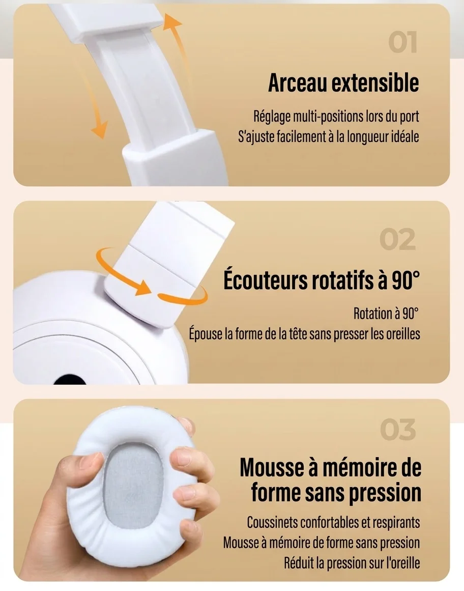 Casque audio sans fil pliable supra-auriculaire, Bluetooth 5.4, haut-parleurs de 40 mm, 100 h d'autonomie en veille, coussinets en mousse à mémoire de forme