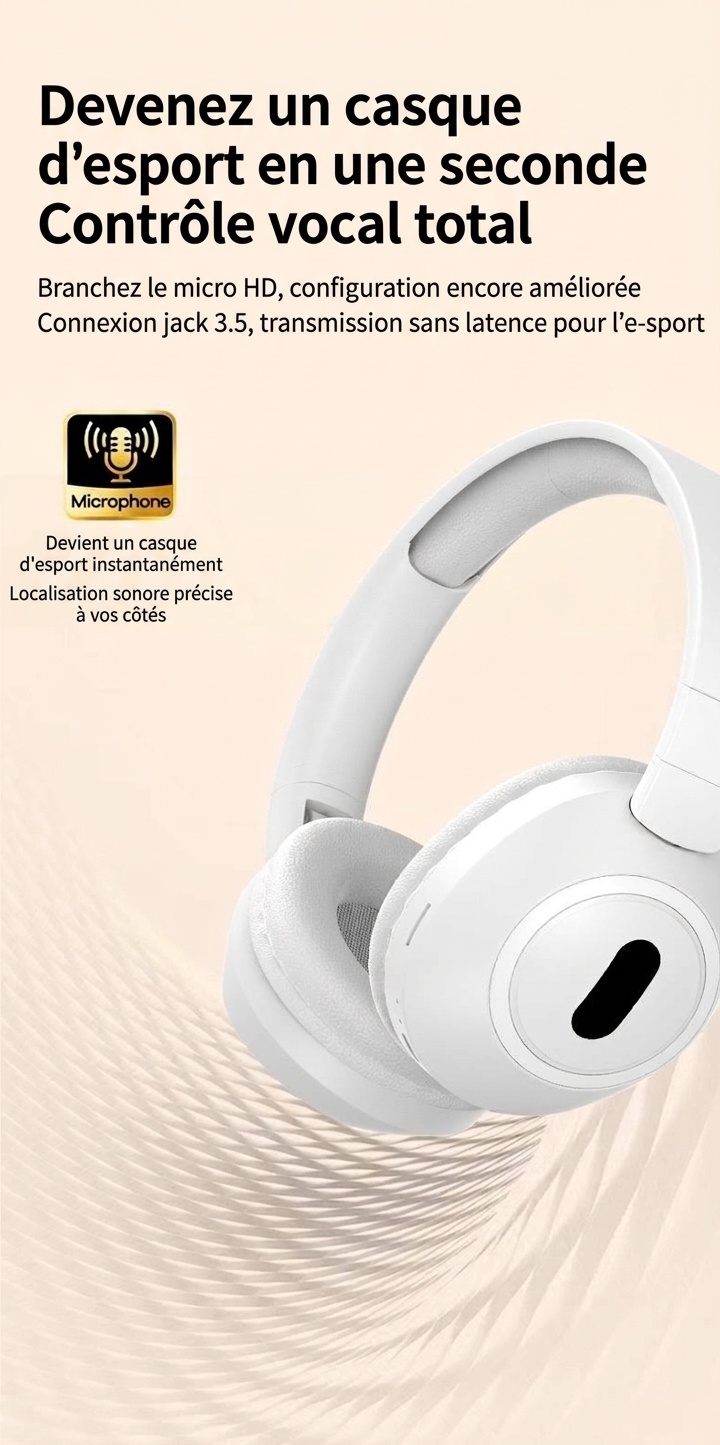 Casque audio sans fil pliable supra-auriculaire, Bluetooth 5.4, haut-parleurs de 40 mm, 100 h d'autonomie en veille, coussinets en mousse à mémoire de forme
