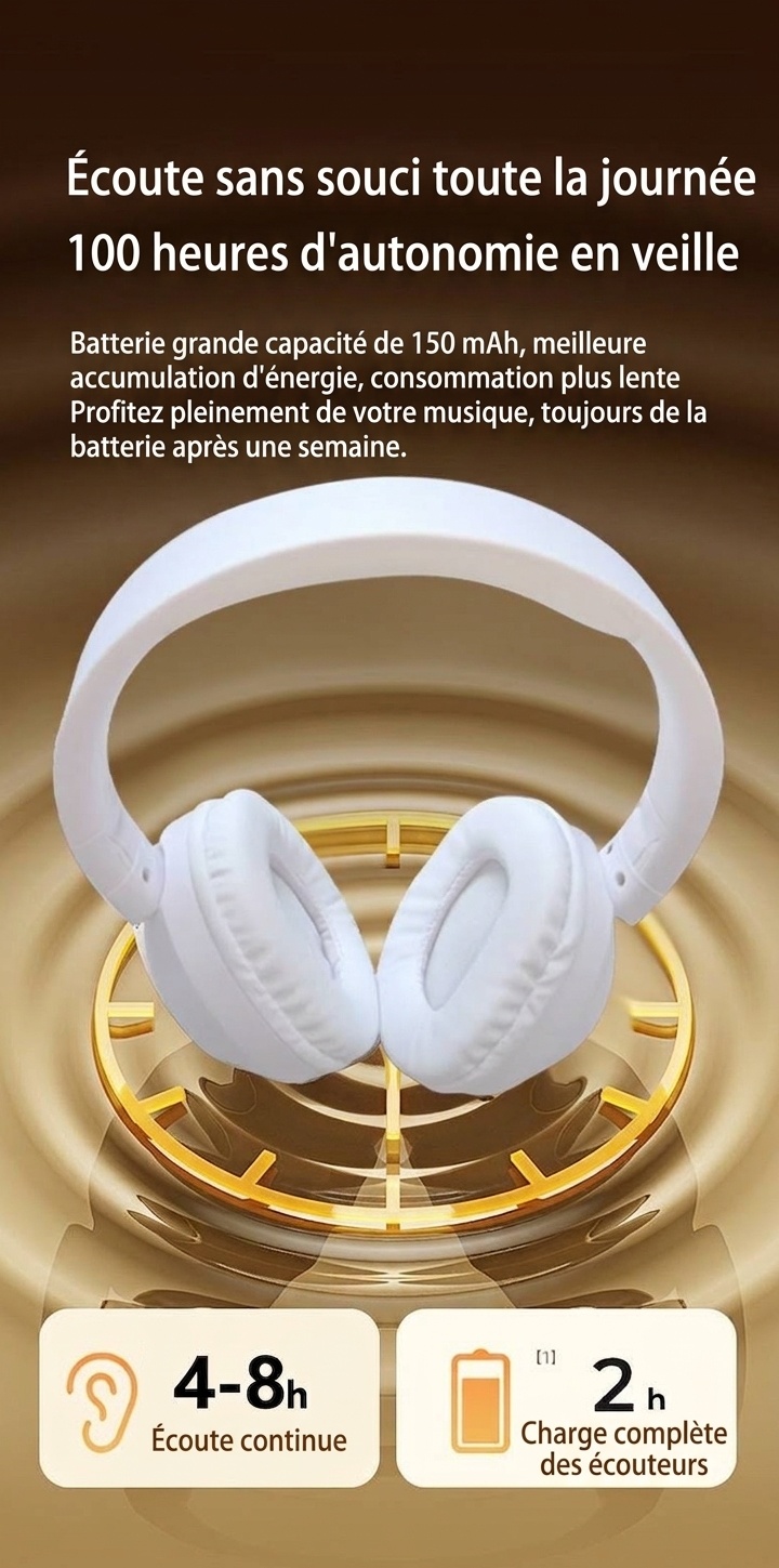 Casque audio sans fil pliable supra-auriculaire, Bluetooth 5.4, haut-parleurs de 40 mm, 100 h d'autonomie en veille, coussinets en mousse à mémoire de forme