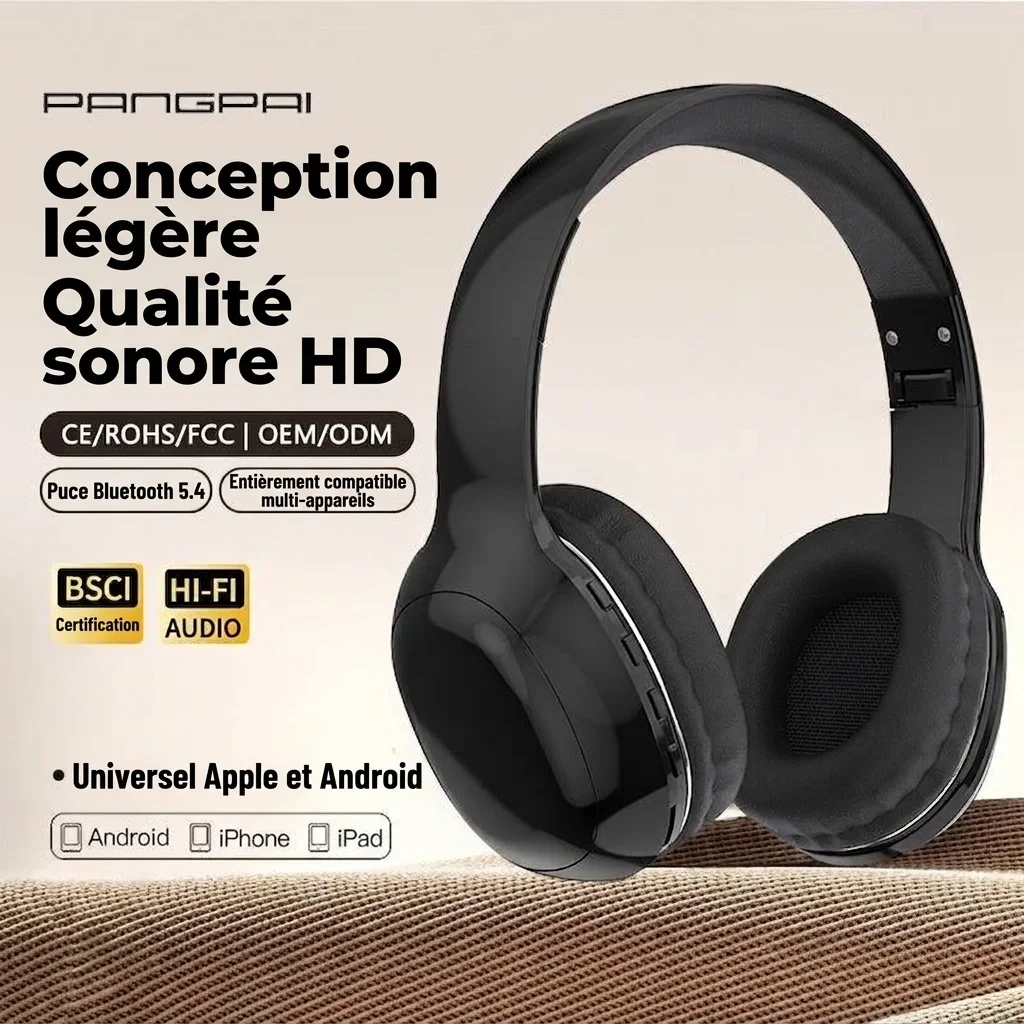 Casque sans fil supra-auriculaire HiFi PANGPAI, Bluetooth 5.3, haut-parleurs de 40 mm, 8 h d'autonomie