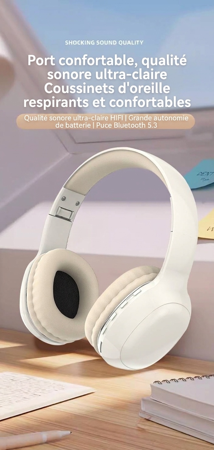 Casque sans fil supra-auriculaire HiFi PANGPAI, Bluetooth 5.3, haut-parleurs de 40 mm, 8 h d'autonomie