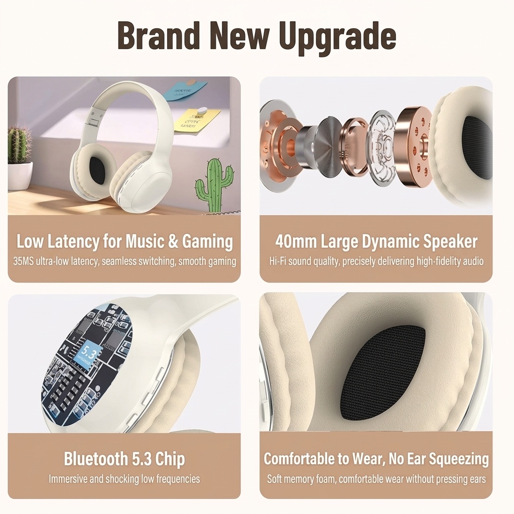 PANGPAI HiFi Wireless Over-Ear Headphones, Bluetooth 5.3, 40mm Drivers, 8H Playtime