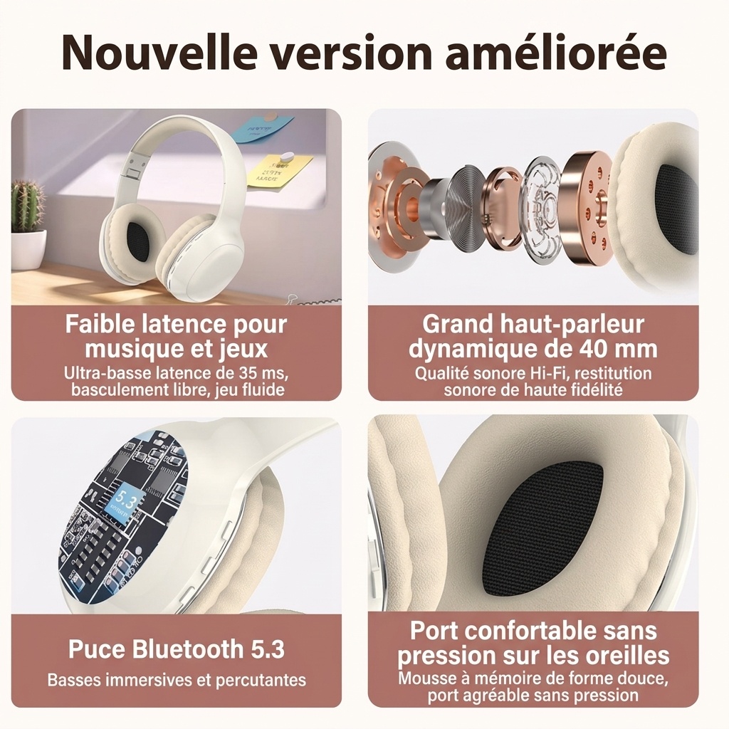 Casque sans fil supra-auriculaire HiFi PANGPAI, Bluetooth 5.3, haut-parleurs de 40 mm, 8 h d'autonomie