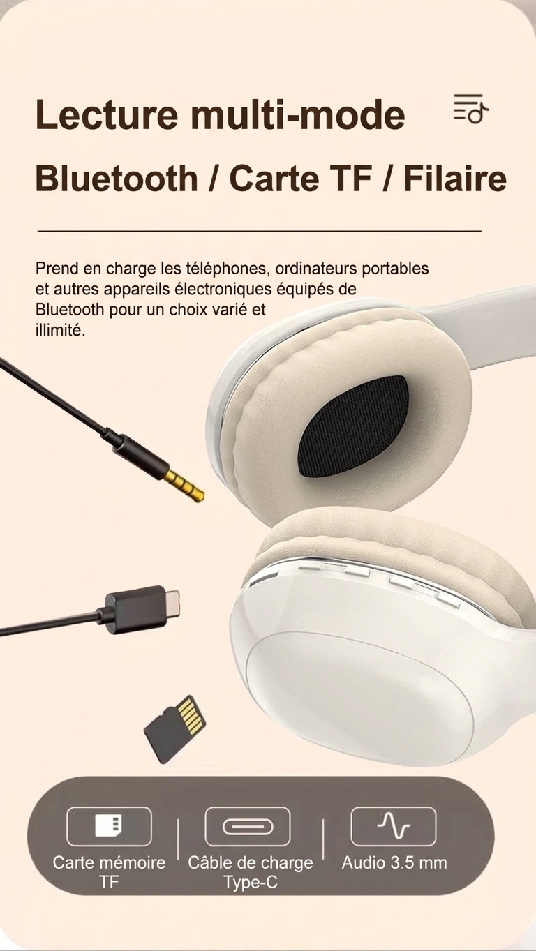Casque sans fil supra-auriculaire HiFi PANGPAI, Bluetooth 5.3, haut-parleurs de 40 mm, 8 h d'autonomie