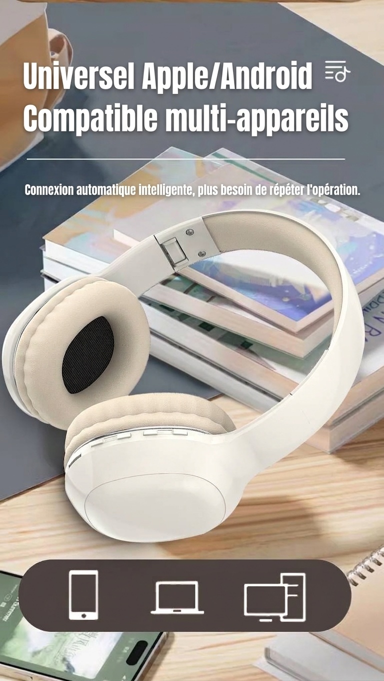 Casque sans fil supra-auriculaire HiFi PANGPAI, Bluetooth 5.3, haut-parleurs de 40 mm, 8 h d'autonomie