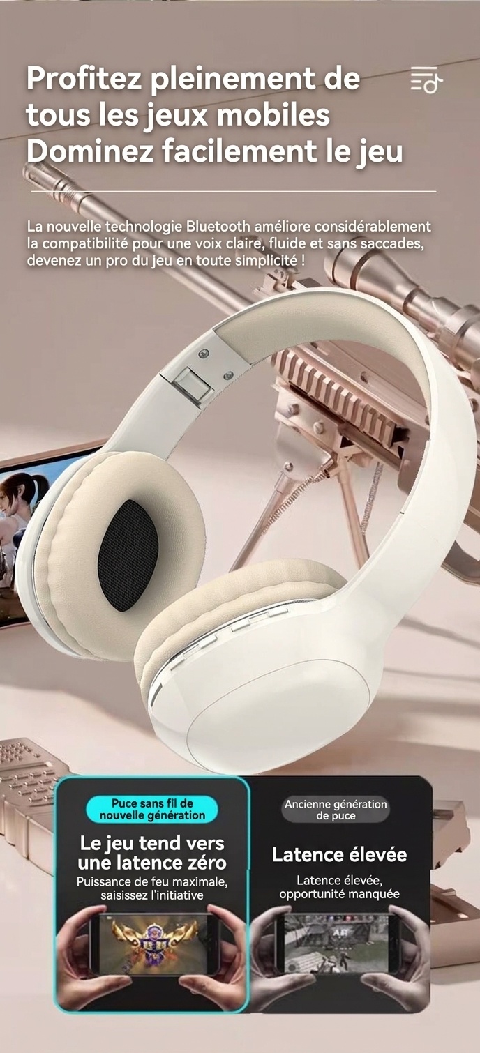 Casque sans fil supra-auriculaire HiFi PANGPAI, Bluetooth 5.3, haut-parleurs de 40 mm, 8 h d'autonomie