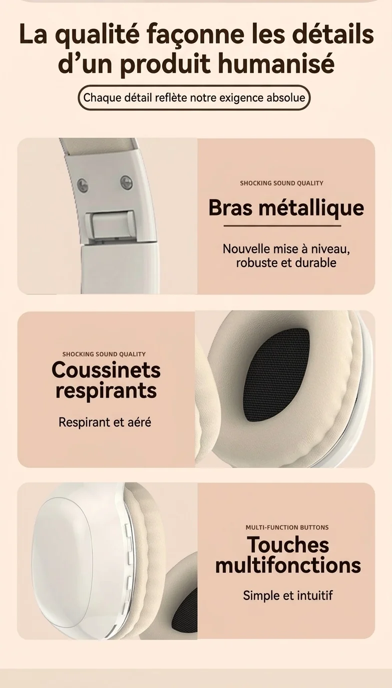 Casque sans fil supra-auriculaire HiFi PANGPAI, Bluetooth 5.3, haut-parleurs de 40 mm, 8 h d'autonomie