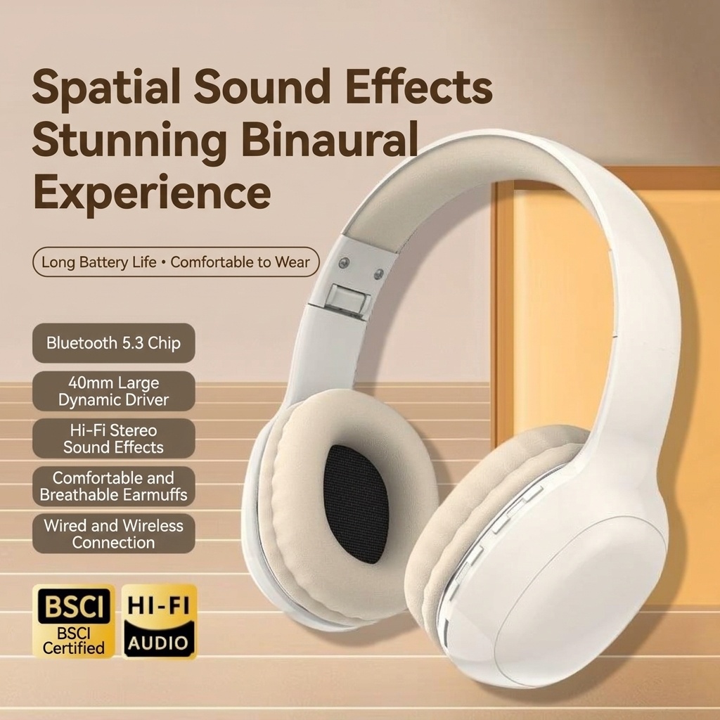 PANGPAI HiFi Wireless Over-Ear Headphones, Bluetooth 5.3, 40mm Drivers, 8H Playtime