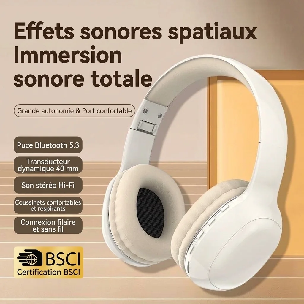 Casque sans fil supra-auriculaire HiFi PANGPAI, Bluetooth 5.3, haut-parleurs de 40 mm, 8 h d'autonomie