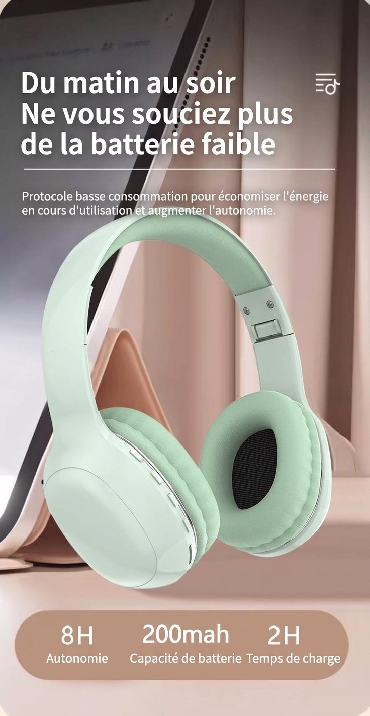 Casque sans fil supra-auriculaire HiFi PANGPAI, Bluetooth 5.3, haut-parleurs de 40 mm, 8 h d'autonomie