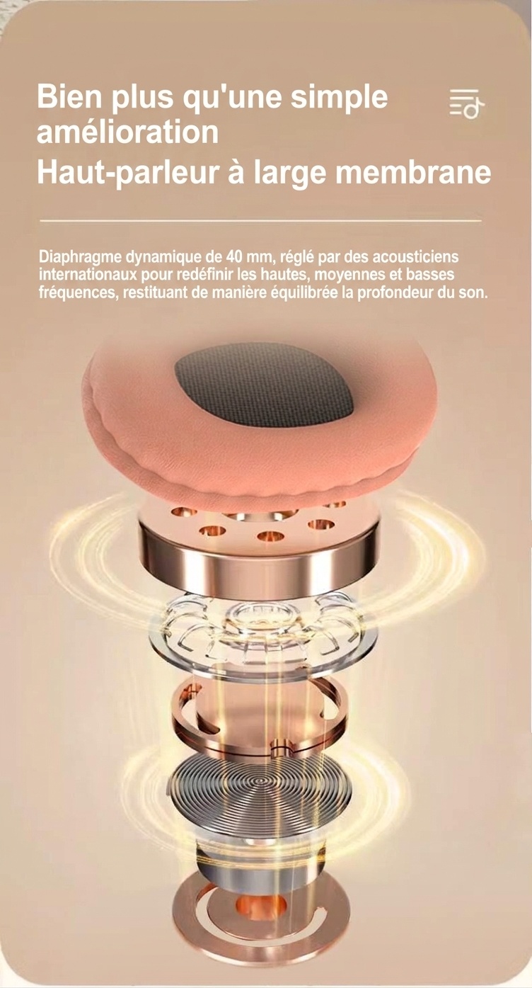 Casque sans fil supra-auriculaire HiFi PANGPAI, Bluetooth 5.3, haut-parleurs de 40 mm, 8 h d'autonomie