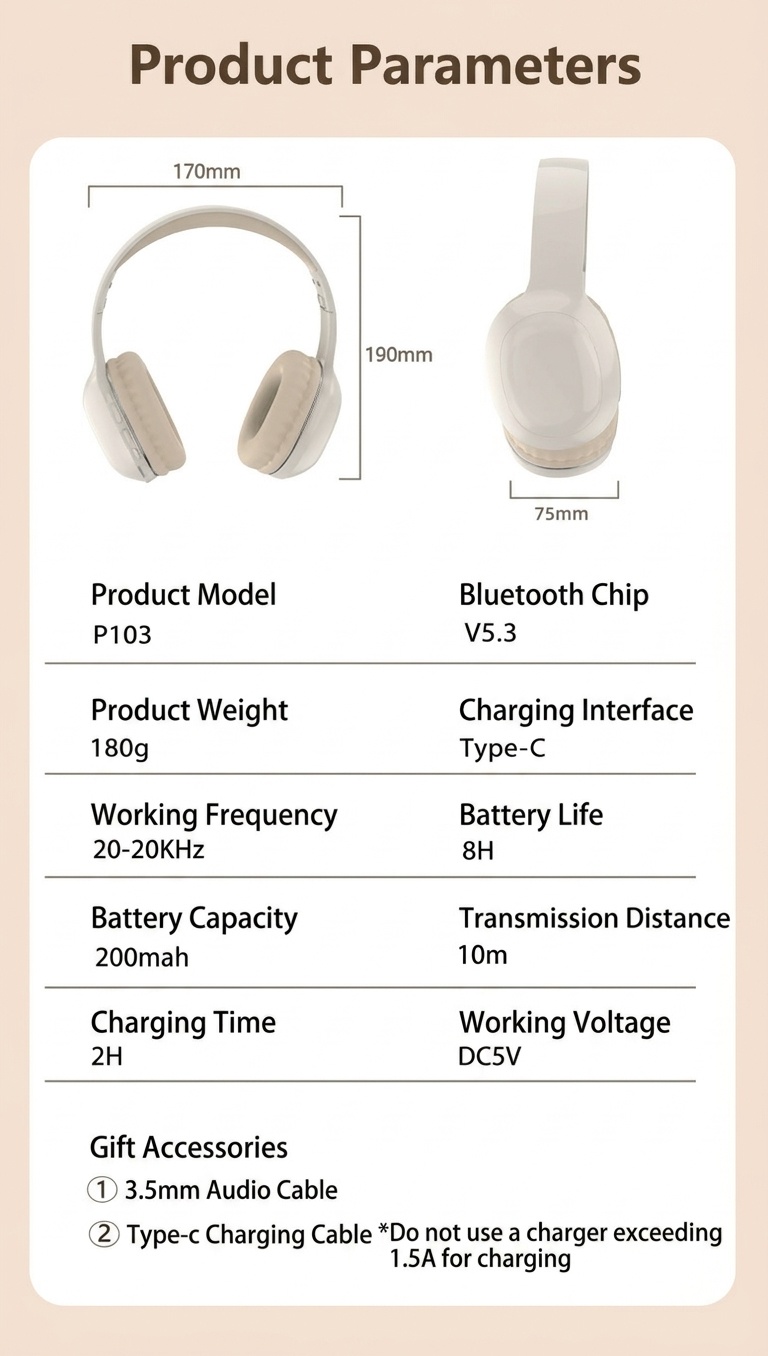 PANGPAI HiFi Wireless Over-Ear Headphones, Bluetooth 5.3, 40mm Drivers, 8H Playtime