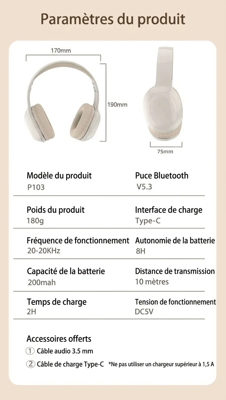 Casque sans fil supra-auriculaire HiFi PANGPAI, Bluetooth 5.3, haut-parleurs de 40 mm, 8 h d'autonomie