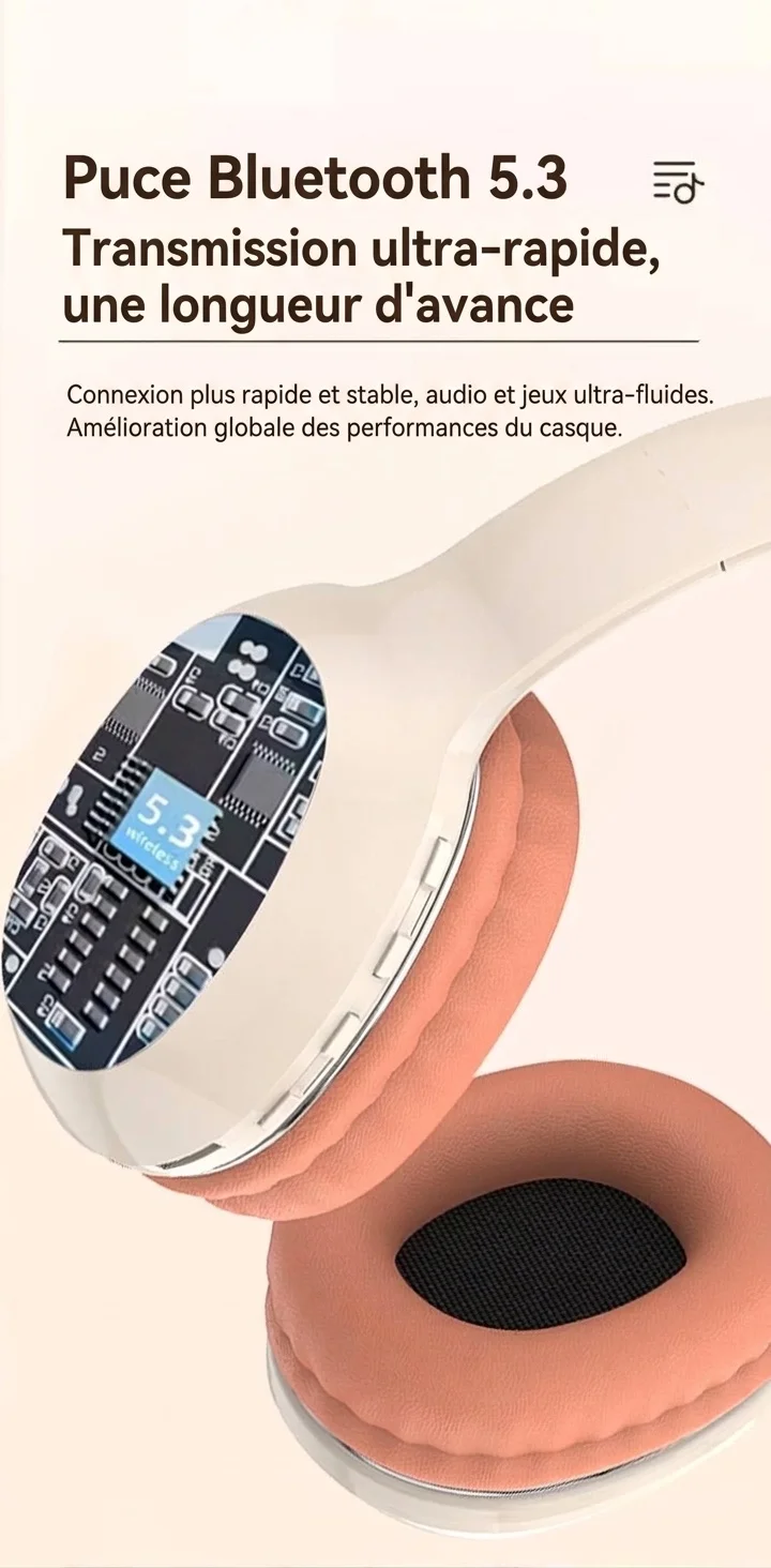 Casque sans fil supra-auriculaire HiFi PANGPAI, Bluetooth 5.3, haut-parleurs de 40 mm, 8 h d'autonomie