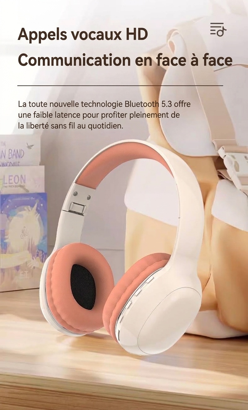 Casque sans fil supra-auriculaire HiFi PANGPAI, Bluetooth 5.3, haut-parleurs de 40 mm, 8 h d'autonomie