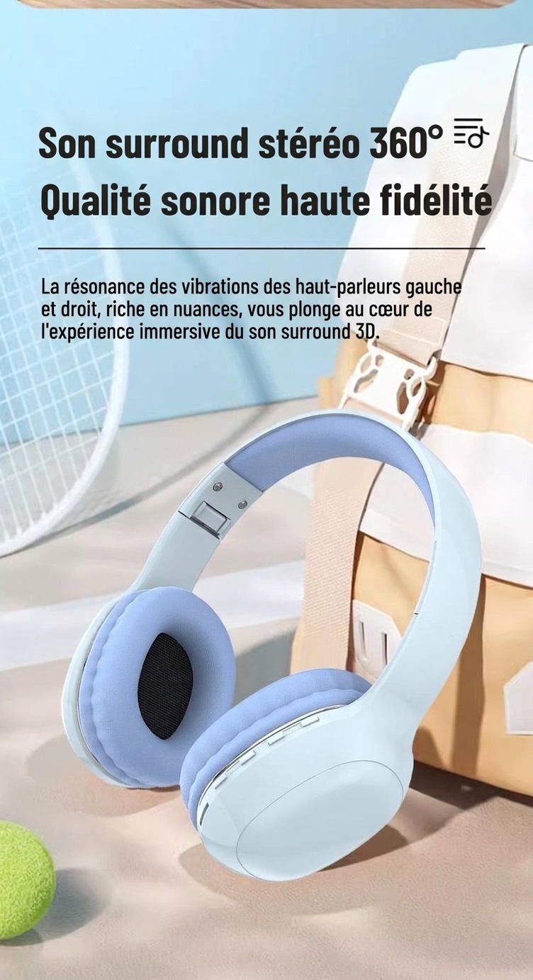 Casque sans fil supra-auriculaire HiFi PANGPAI, Bluetooth 5.3, haut-parleurs de 40 mm, 8 h d'autonomie