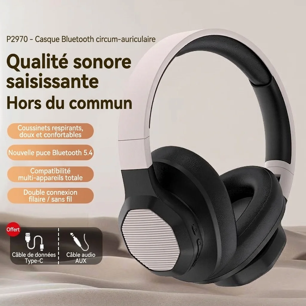 Casque sans fil supra-auriculaire avec basses profondes, Bluetooth 5.3, haut-parleurs de 40 mm, 10 h d'autonomie