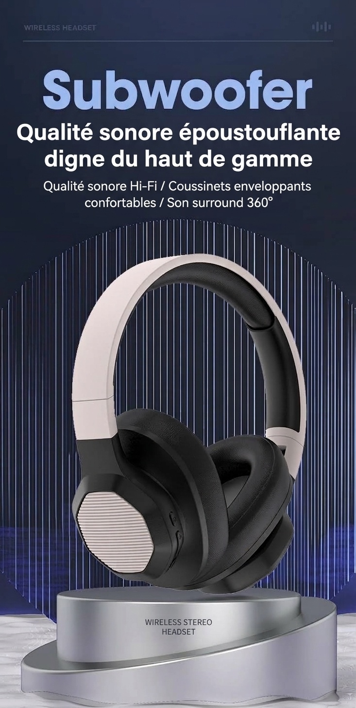 Casque sans fil supra-auriculaire avec basses profondes, Bluetooth 5.3, haut-parleurs de 40 mm, 10 h d'autonomie