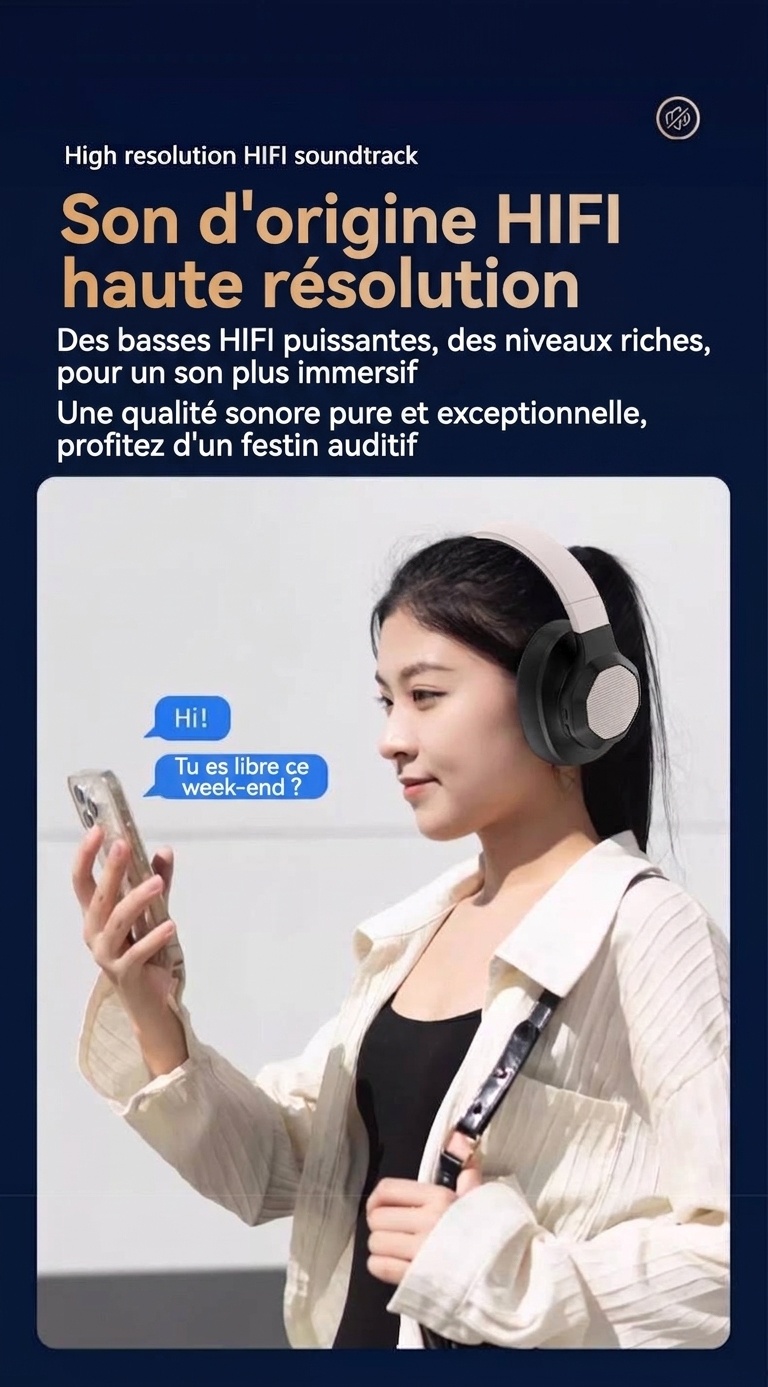 Casque sans fil supra-auriculaire avec basses profondes, Bluetooth 5.3, haut-parleurs de 40 mm, 10 h d'autonomie
